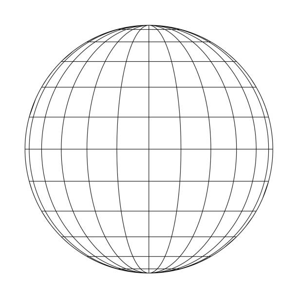 illustrazioni stock, clip art, cartoni animati e icone di tendenza di vista frontale della griglia del globo terrestre di meridiani e paralleli, o latitudine e longitudine. illustrazione vettoriale 3d - equatore luoghi geografici