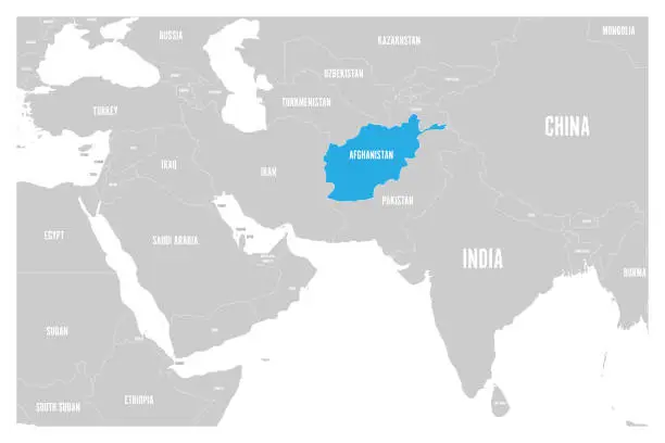 Vector illustration of Afghanistan blue marked in political map of South Asia and Middle East. Simple flat vector map