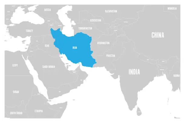 Vector illustration of Iran blue marked in political map of South Asia and Middle East. Simple flat vector map