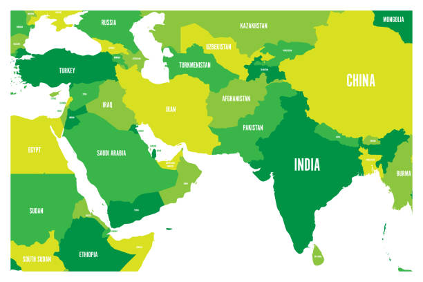 동남 아시아 및 중동 국가의 정치적인 지도 녹색의 4 개의 그늘에서 간단한 평면 벡터 지도 중동에 대한 스톡 벡터 아트 및 기타 이미지  - Istock