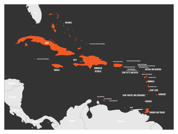 politische karte der karibik. orange markierte staaten und abhängige gebiete. einfache flache vektor-illustration - outline mexico flat world map stock-grafiken, -clipart, -cartoons und -symbole