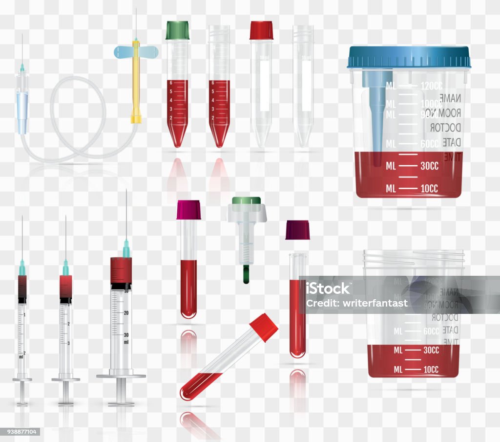 Realistic medical supplies. For blood collection set, for short term, laboratory test-tubes and syringes. Vector illustration on transparent background. 3d Test Tube stock vector