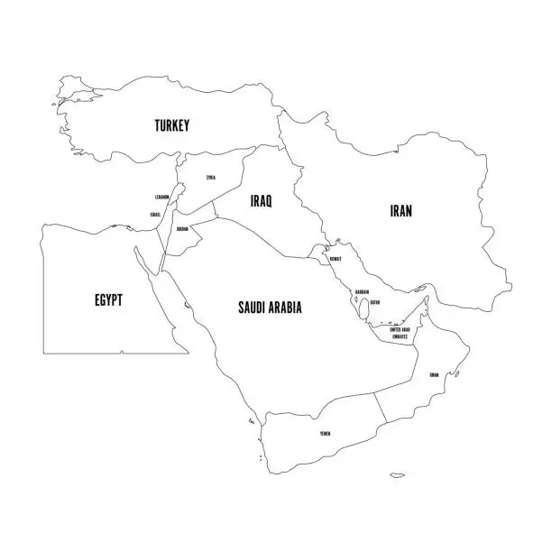 Vector illustration of Political map of Middle East, or Near East. Simple flat outline vector ilustration