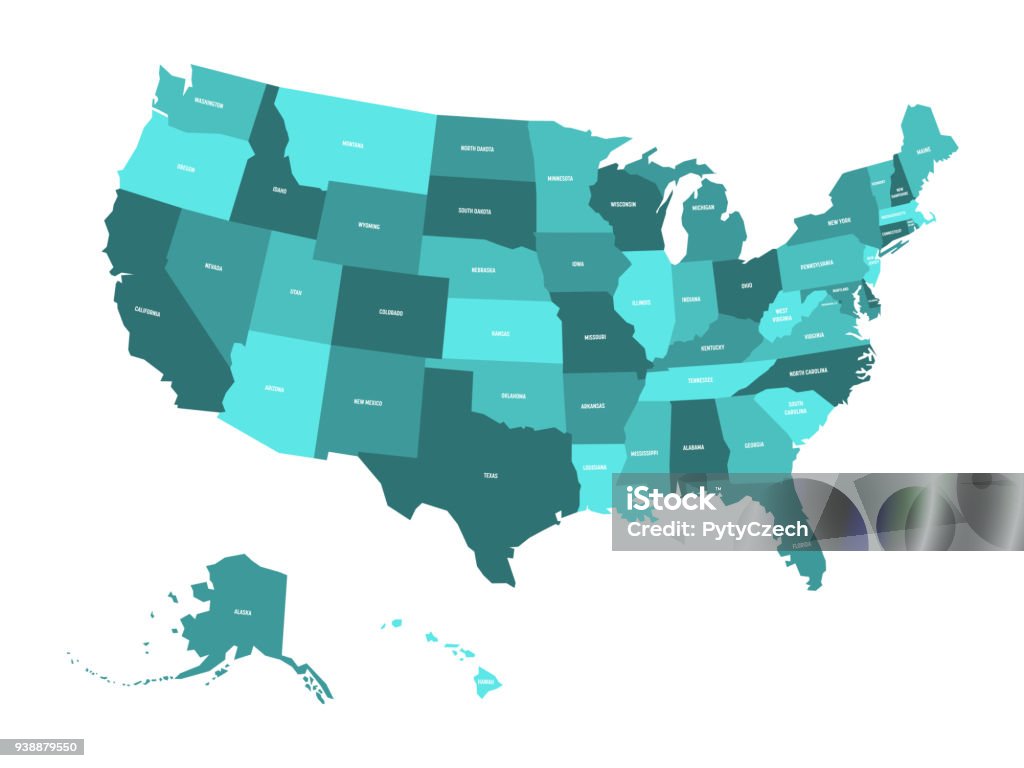 Mappa degli Stati Uniti d'America, USA, in quattro tonalità di blu turchese con etichette di stato bianco. Semplice illustrazione vettoriale piatta isolata su sfondo bianco - arte vettoriale royalty-free di Carta geografica