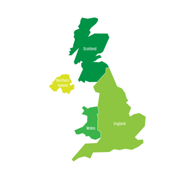 illustrations, cliparts, dessins animés et icônes de carte de royaume-uni, uk, de grande-bretagne et d’irlande du nord. divisé à quatre pays : angleterre, pays de galles, ecosse et ni. illustration vectorielle plane simple - uk map regions england