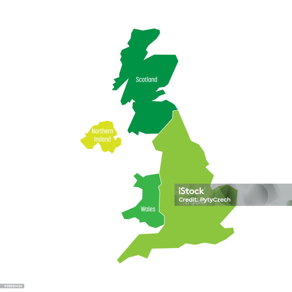Regno Unito, Regno Unito, Gran Bretagna e Irlanda del Nord mappa. Diviso in quattro paesi: Inghilterra, Galles, Scozia e NI. Illustrazione vettoriale piatta semplice - arte vettoriale royalty-free di Regno Unito