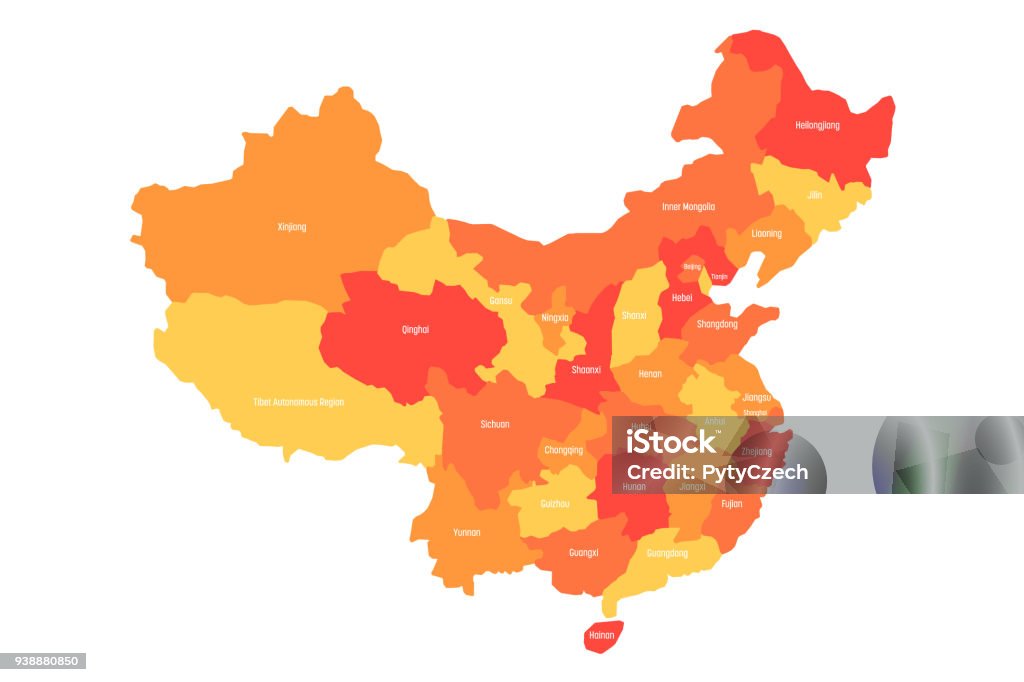 Mappa regionale delle province amministrative della Cina. Quattro tonalità di arancione con etichette bianche su sfondo bianco. Illustrazione vettoriale - arte vettoriale royalty-free di Carta geografica