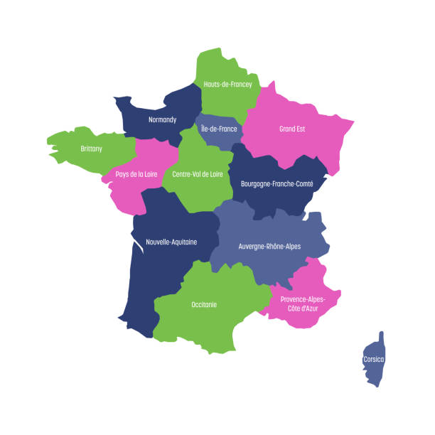 illustrazioni stock, clip art, cartoni animati e icone di tendenza di mappa della francia divisa in 13 regioni metropolitane amministrative, dal 2016. quattro colori. illustrazione vettoriale - scena non urbana