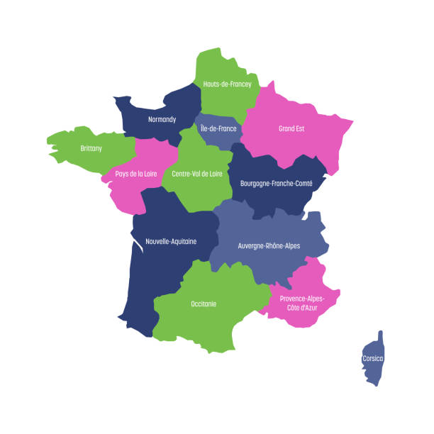 Map of France divided into 13 administrative metropolitan regions, since 2016. Four colors. Vector illustration Map of France divided into 13 administrative metropolitan regions, since 2016. Four colors. Vector illustration. france stock illustrations