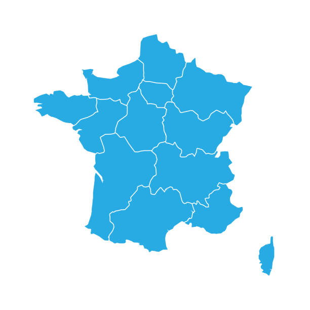 Blue map of France divided into 13 administrative metropolitan regions, since 2016. Vector illustration.