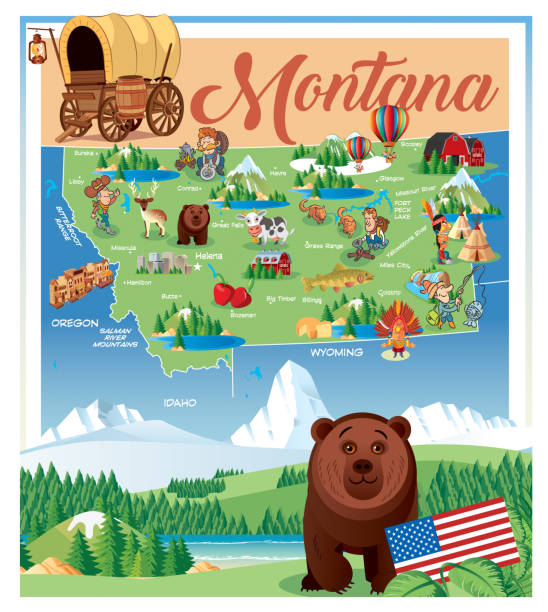 Cartoon Map of MONTANA MONTANA

I have used 
http://legacy.lib.utexas.edu/maps/us_2001/montana_ref_2001.jpg
address as the reference to draw the basic map outlines with Illustrator CS5 software, other themes were created by 
myself. lewisia rediviva stock illustrations