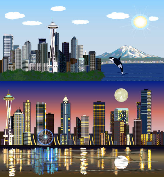 시애틀, 워싱턴, 미국-낮과 밤 - space needle stock illustrations