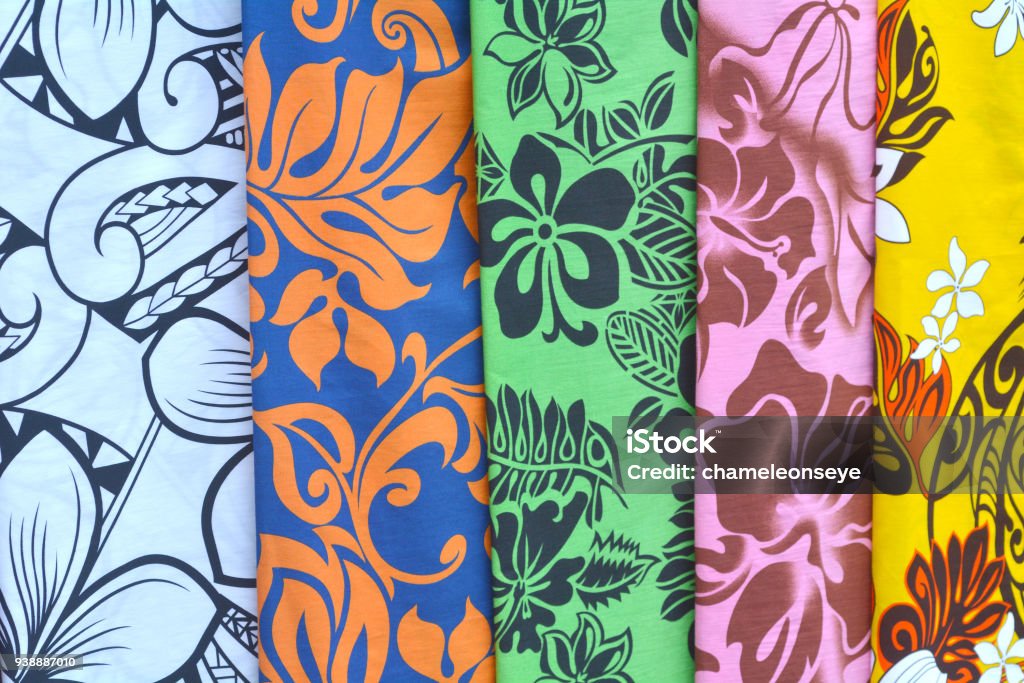 Tropical sarong on display in Rarotonga market Cook Islands Tropical sarong on display in Rarotonga market Cook Islands.Traditional fabric patterns worn by Polynesians and other South Pacific Islanders and Oceanic people. Pattern Stock Photo