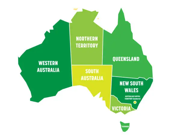 Vector illustration of Simplified map of Australia divided into states and territories. Green flat map with white borders and white labels. Vector illustration