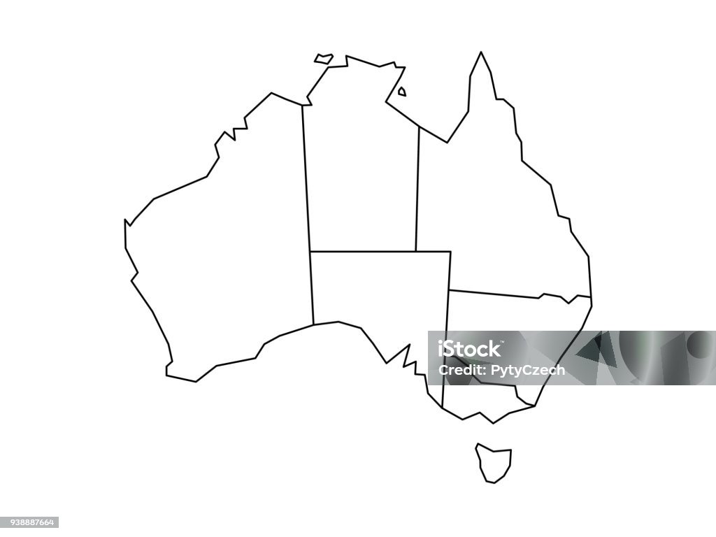 Blind map of Australia Blind map of Australia divided into states and territories. White flat map with black borders on white background. Australia stock vector