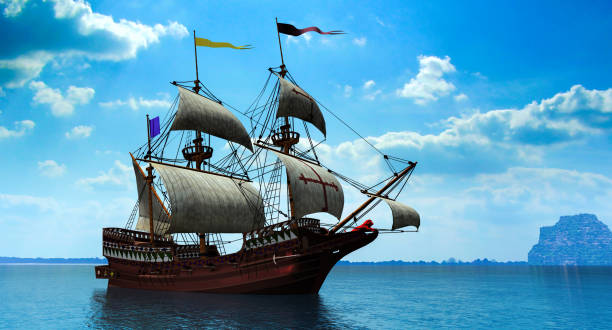 Spanish Vasel on bright early morning, 3d rendering Spanish galleon on calm and blue sea cannon artillery photos stock pictures, royalty-free photos & images