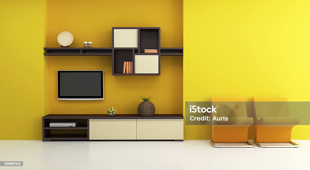 lounge room interior with bookshelf and TV 3d rendering  Apartment Stock Photo