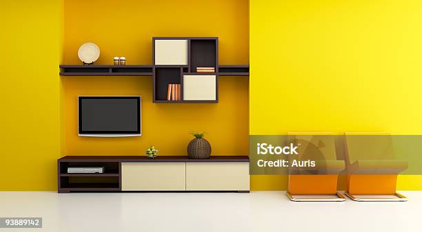 Lounge Room Interior With Bookshelf And Tv 3d Rendering Stock Photo - Download Image Now