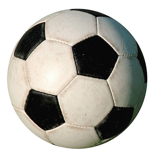 football - used isolated old-style soccer ball on white background - football stockfoto's en -beelden