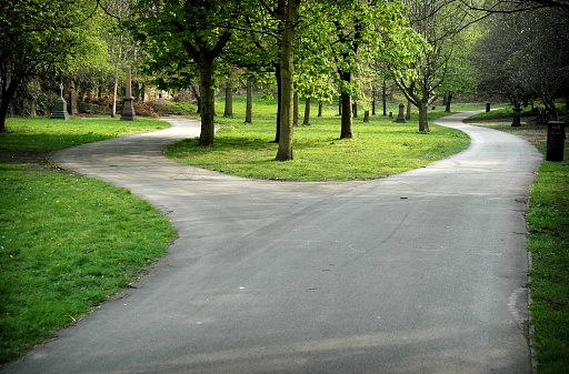 Forked road in St. James Gardens, Liverpool. St James's Cemetery is an urban park behind the Liverpool Cathedral. This photo symbolise a choice between two different paths. Diminishing perspective point of view. Trees and green grass.