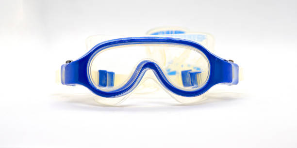 istock Blue rubber half plastic tranparent goggles for kid on isolated white background with copy text space 938896370