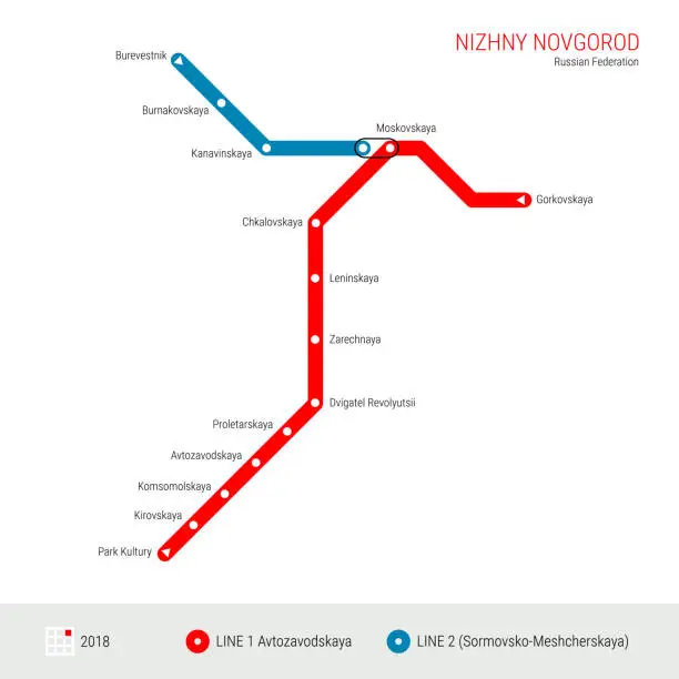 Vector illustration of Nizhny Novgorod, Russian Federation Vector Metro Map. Rapid Transit System Scheme of Nizhny Novgorod. Subway Map