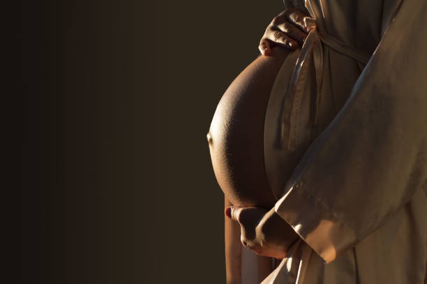beautifil silhouette einer schwangeren frau mit highlight auf bauch - magen fotos stock-fotos und bilder