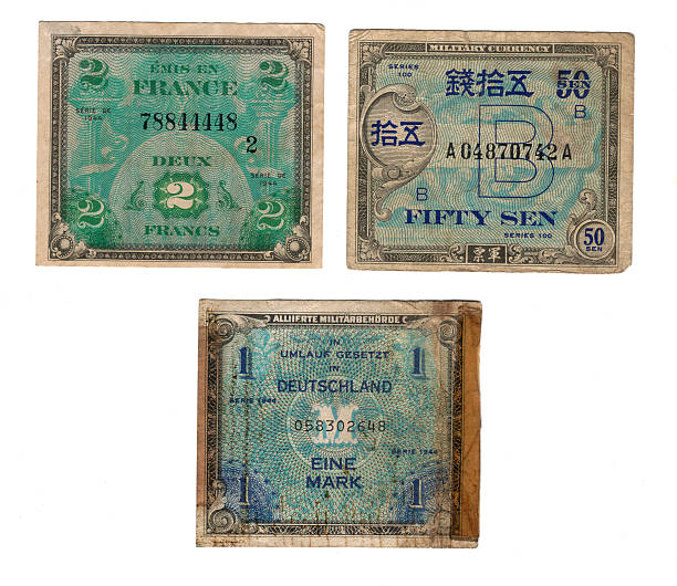 World War II Military Currency XXL Currency printed in 1944 for use by the US Military while serving overseas in Japan, France and Germany. german currency stock pictures, royalty-free photos & images