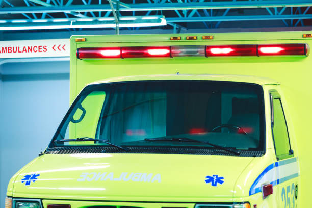 Montreal, Canada, March 25, 2018: Canadian ambulance car with lights and siren in action. Ambulance car in the hospital park. stock photo