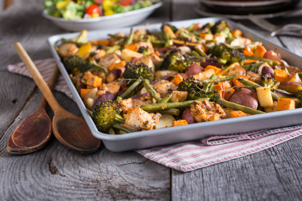 Sheet Pan Chicken Chicken Sheet Pan Dinner with Broccoli, Red Potatoes, Green Beans, Sweet Potatoes, Rainbow Carrots, Onion and Thyme. baking sheet stock pictures, royalty-free photos & images