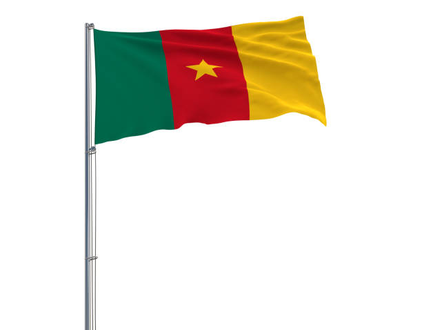 흰색 배경, 3d 렌더링에 바람에 나 부 끼고 깃대에 카메룬의 국기. - pole flag rope metal 뉴스 사진 이미지
