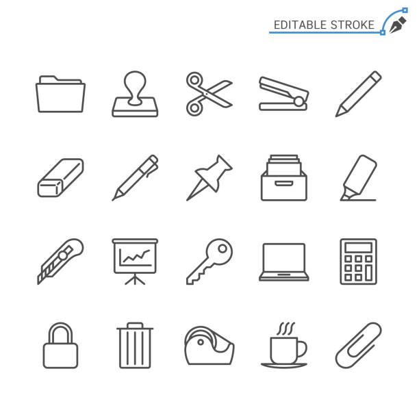 illustrations, cliparts, dessins animés et icônes de fournitures de bureau icônes de ligne. modifiables en course. pixel perfect. - trombone fourniture de bureau