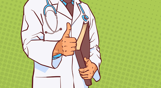 Doctor Holding Thumb Up Closeup Of Medical Male Prectitioner In White Coat Over Comic Pop Art Background With Copy Space Vector Illustration
