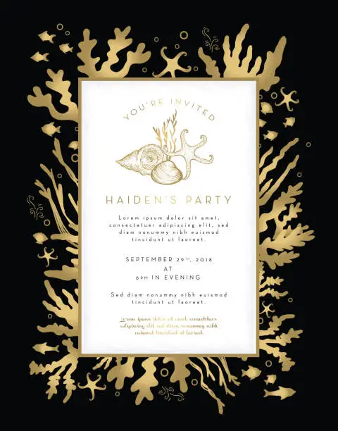 Vector illustration of Coral plants and fishes party invitation layout design template