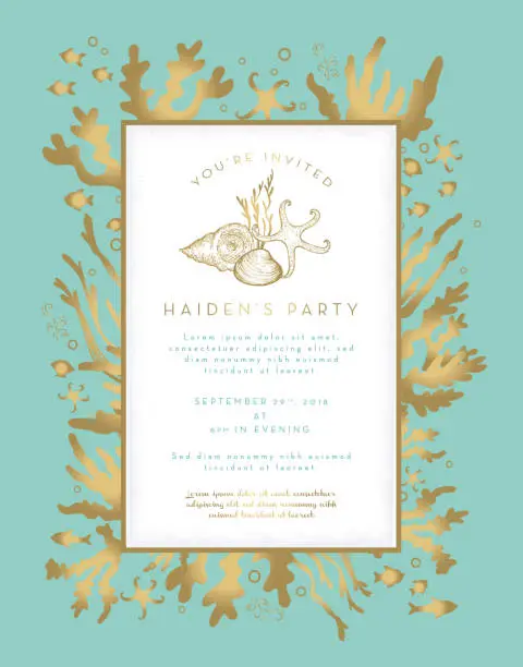 Vector illustration of Coral plants and fishes party invitation layout design template