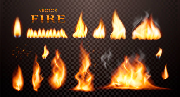 illustrazioni stock, clip art, cartoni animati e icone di tendenza di fiamma realistica, raccolta vettoriale 3d fire. - campfire coal burning flame