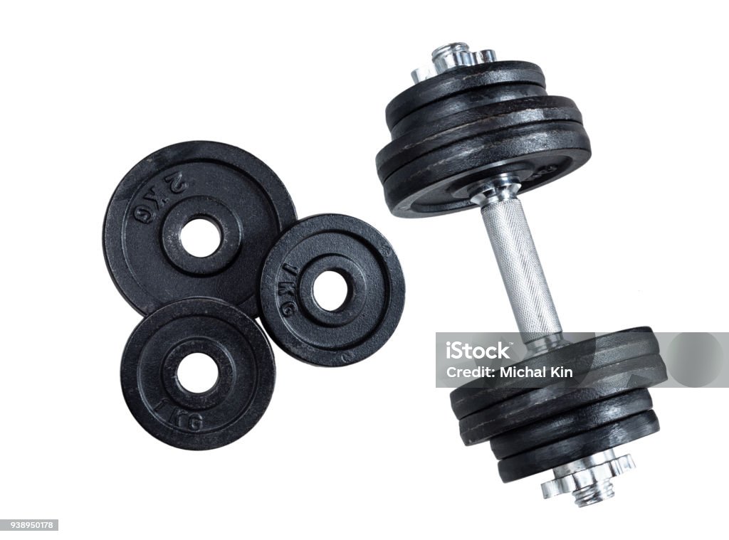 Gym dumbbells on white background. Photograph taken from above visible circuits weighing 1 and 2 kilos Dumbbell Stock Photo