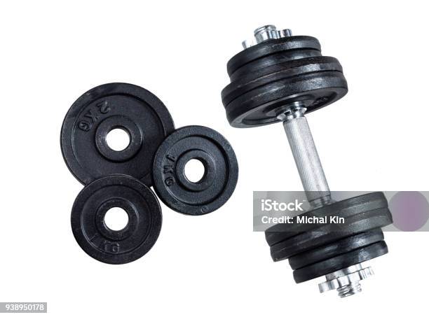 Gym Dumbbells On White Background Photograph Taken From Above Stock Photo - Download Image Now