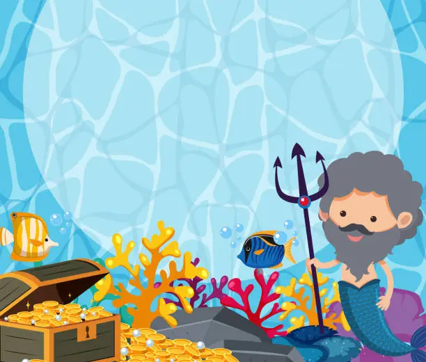 Vector illustration of Background design with male mermaid and treasure
