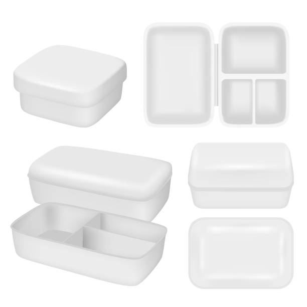 White empty plastic lunch box vector realistic mock up set Plastic lunch box mock up set. Vector realistic illustration of white empty plastic container for food isolated on white background. polystyrene box stock illustrations
