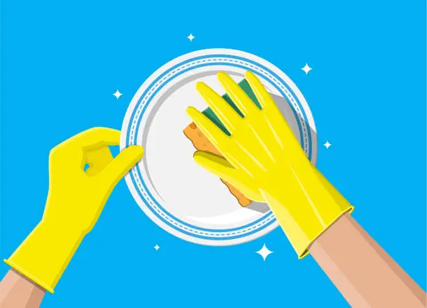 Vector illustration of Hand in gloves with sponge wash plate