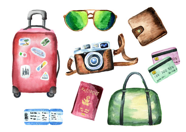 istock Tourist set with suitcase, bag, passport, ticket, wallet, credit cards, camera and sunglasses. Isolated on white background. Watercolor hand drawn illustration 938963920