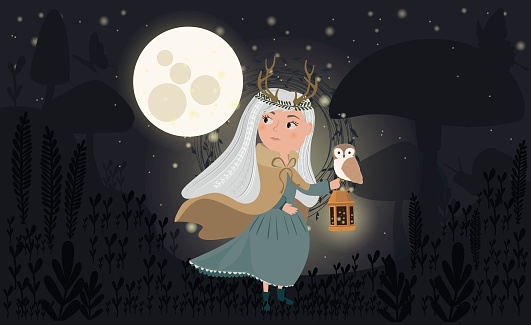 Magic forest illustrations with girl and night forest. Cartoon poster for children's holidays, design and illustrations for books. Editable vector illustration