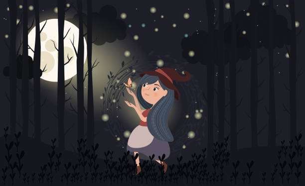 Magic forest illustrations with girl and night forest. Magic forest illustrations with girl and forest plant. Cartoon poster for children's holidays, design and illustrations for books. Editable vector illustration girl silouette forest illustration stock illustrations