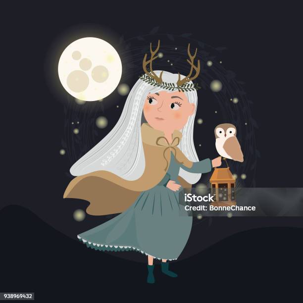Magic Forest Illustrations With Girl And Night Forest Stock Illustration - Download Image Now