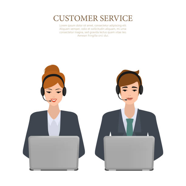 Customer service character. Business man and business woman in call center. Illustration vector flat design. vector art illustration