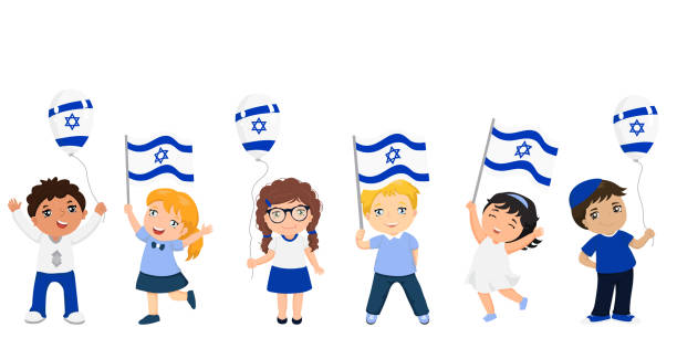 kinder halten israelische fahnen. israels unabhängigkeitstag zu feiern - israel judaism israeli flag flag stock-grafiken, -clipart, -cartoons und -symbole