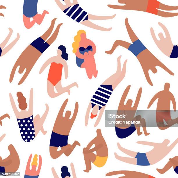 People On A Beach Seamless Vector Pattern Stock Illustration - Download Image Now - Summer, Illustration, Swimming