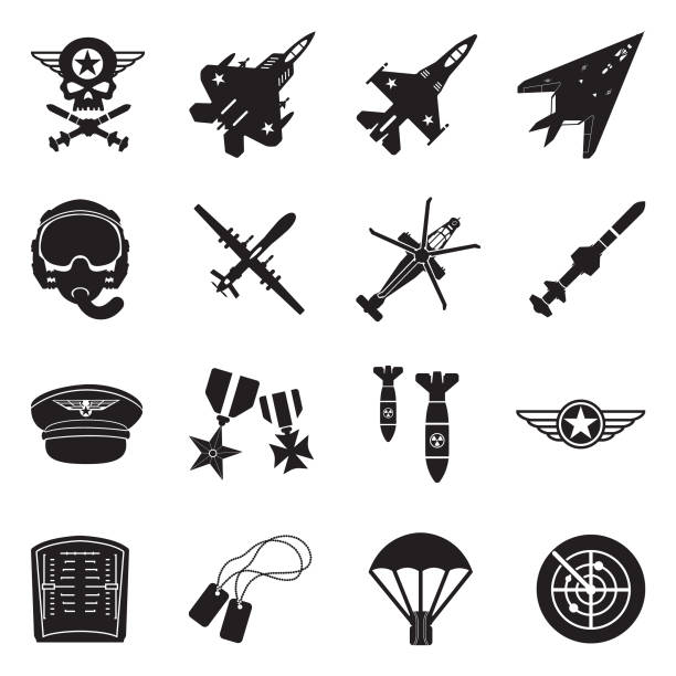 illustrations, cliparts, dessins animés et icônes de icônes de l’armée de l’air. design plat noir. illustration vectorielle. - military rank badge marines