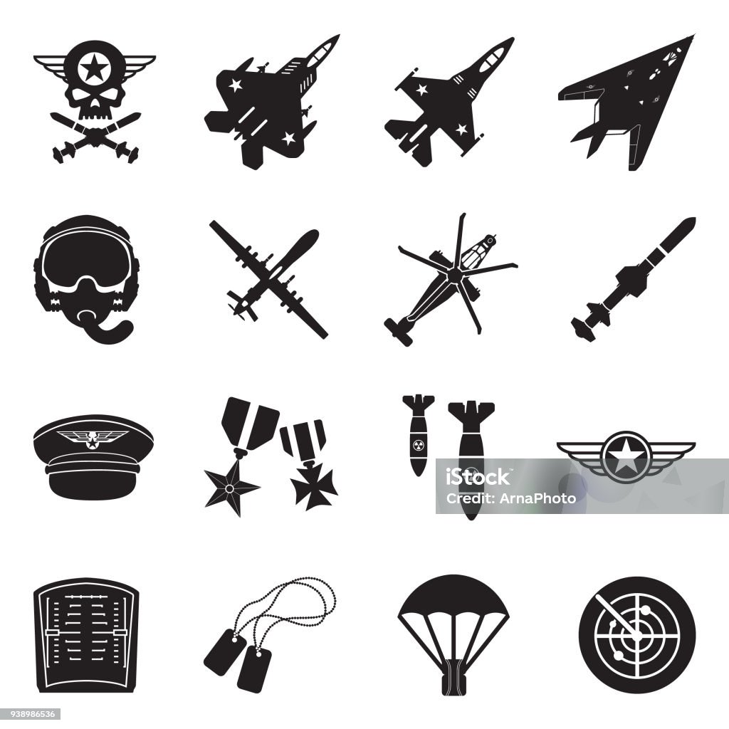 Air Force Icons. Black Flat Design. Vector Illustration. Chopper, Aviator, Sky, Combat. Icon Symbol stock vector